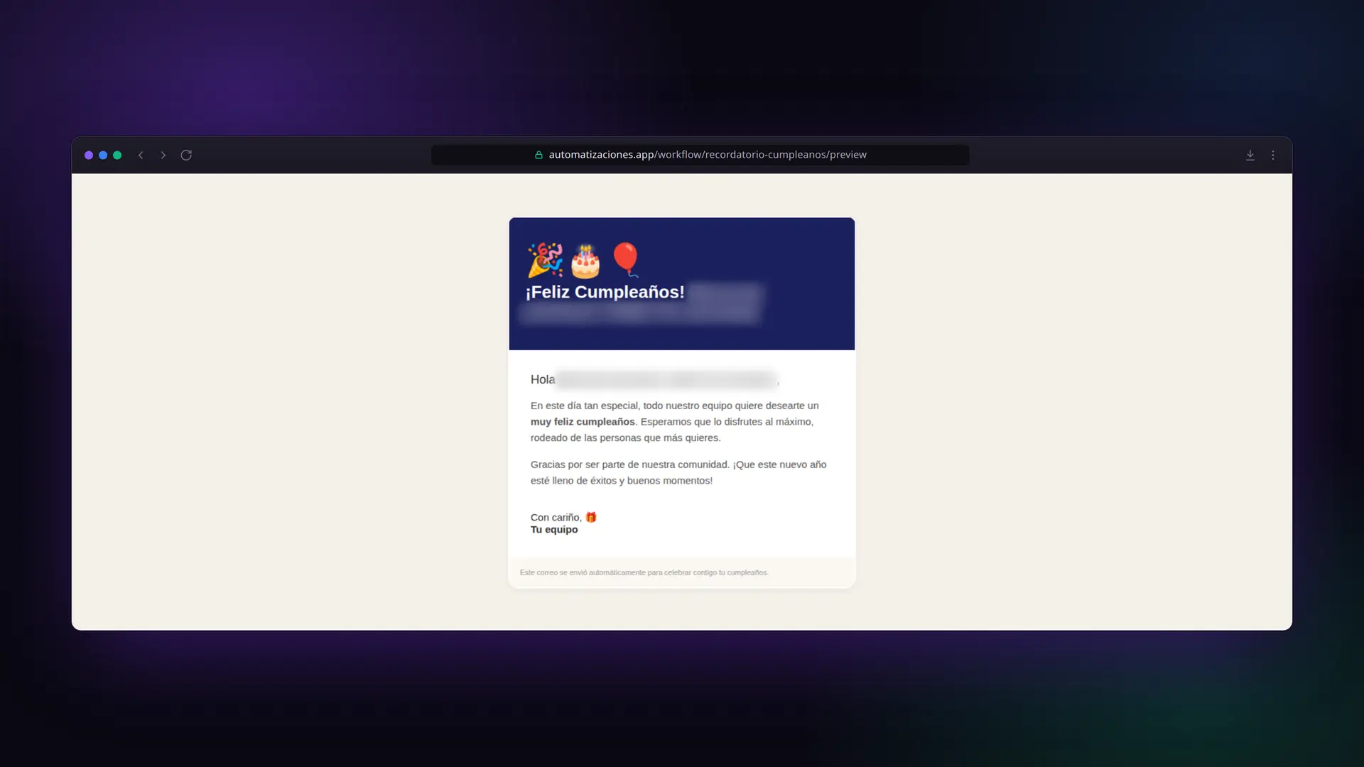 Vista previa del correo de felicitación con el encabezado ¡Feliz Cumpleaños! y el nombre del cliente difuminado