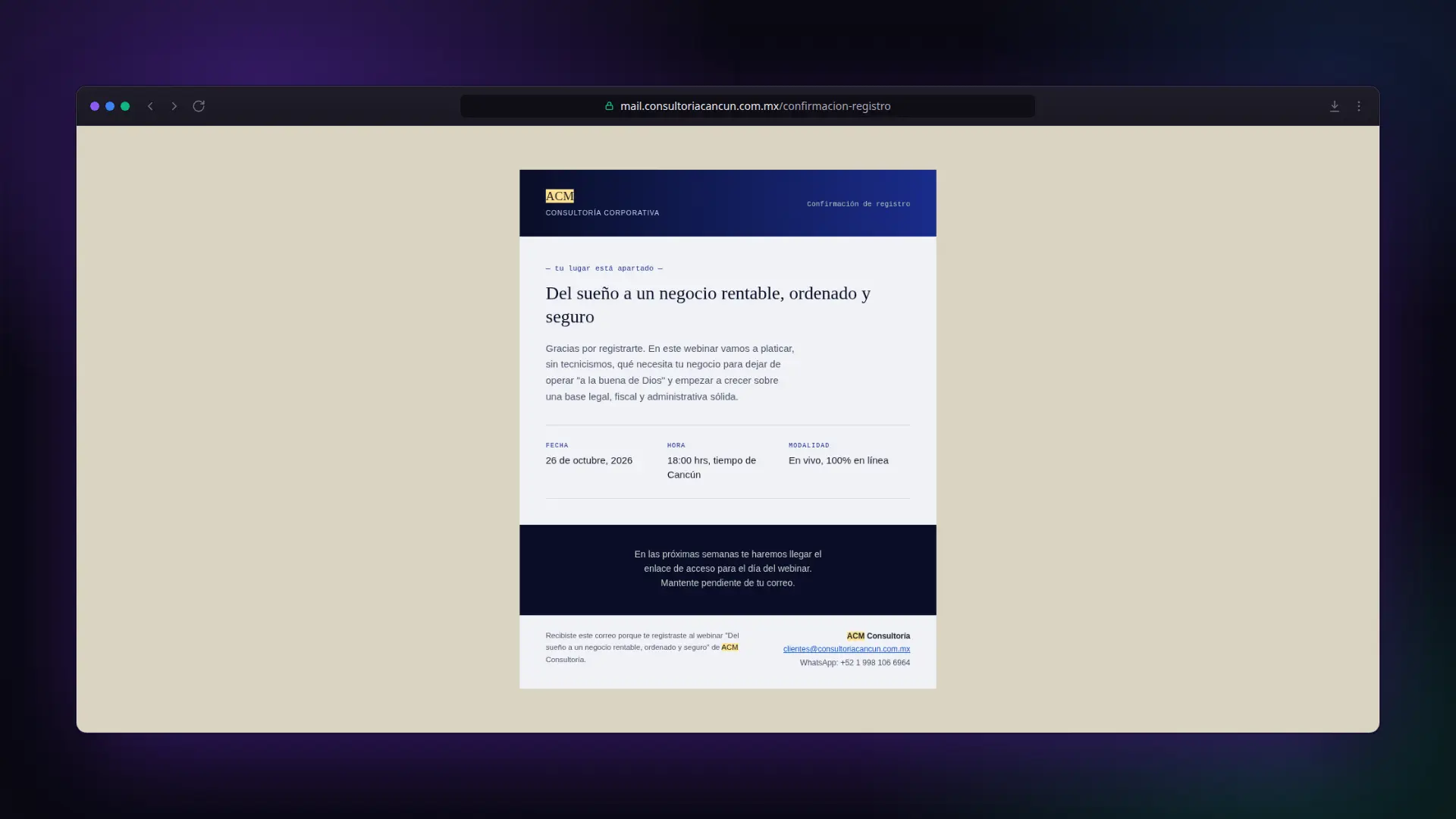 Correo de confirmación de registro al webinar con plantilla HTML de ACM, con la fecha, la hora y la modalidad del evento
