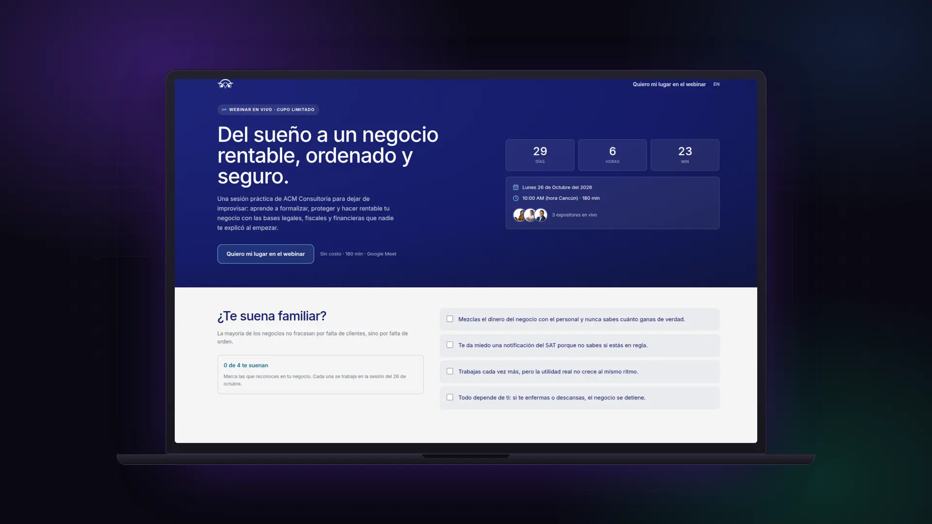 Landing page del webinar de ACM Consultoría en una laptop, con el título Del sueño a un negocio rentable, ordenado y seguro y una cuenta regresiva