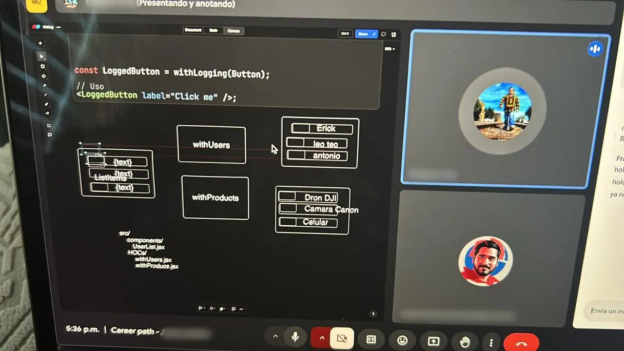 Videollamada en la que Antonio explica componentes de React con un diagrama en pantalla